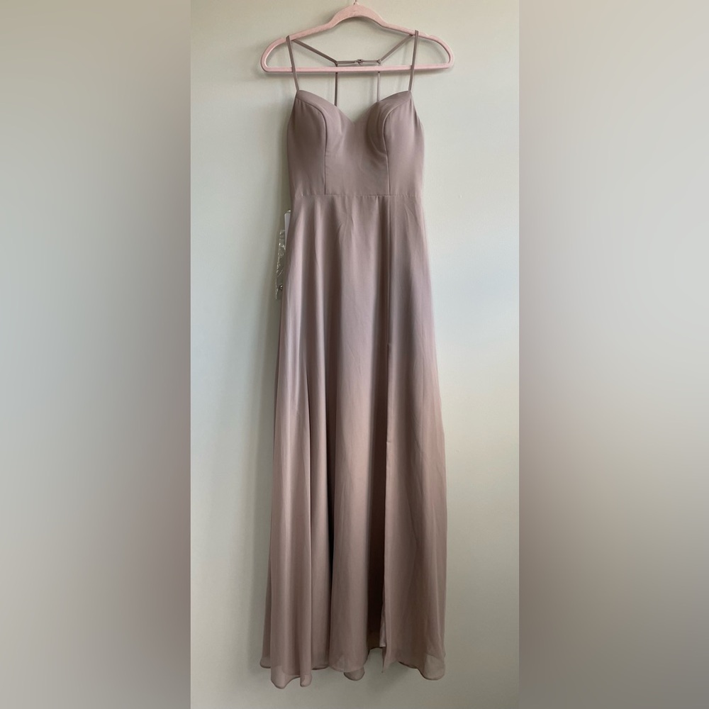 Azazie Mandy Maxi Dress in Taupe V Neck Formal Bridesmaid Size A2 - Picture 7 of 15